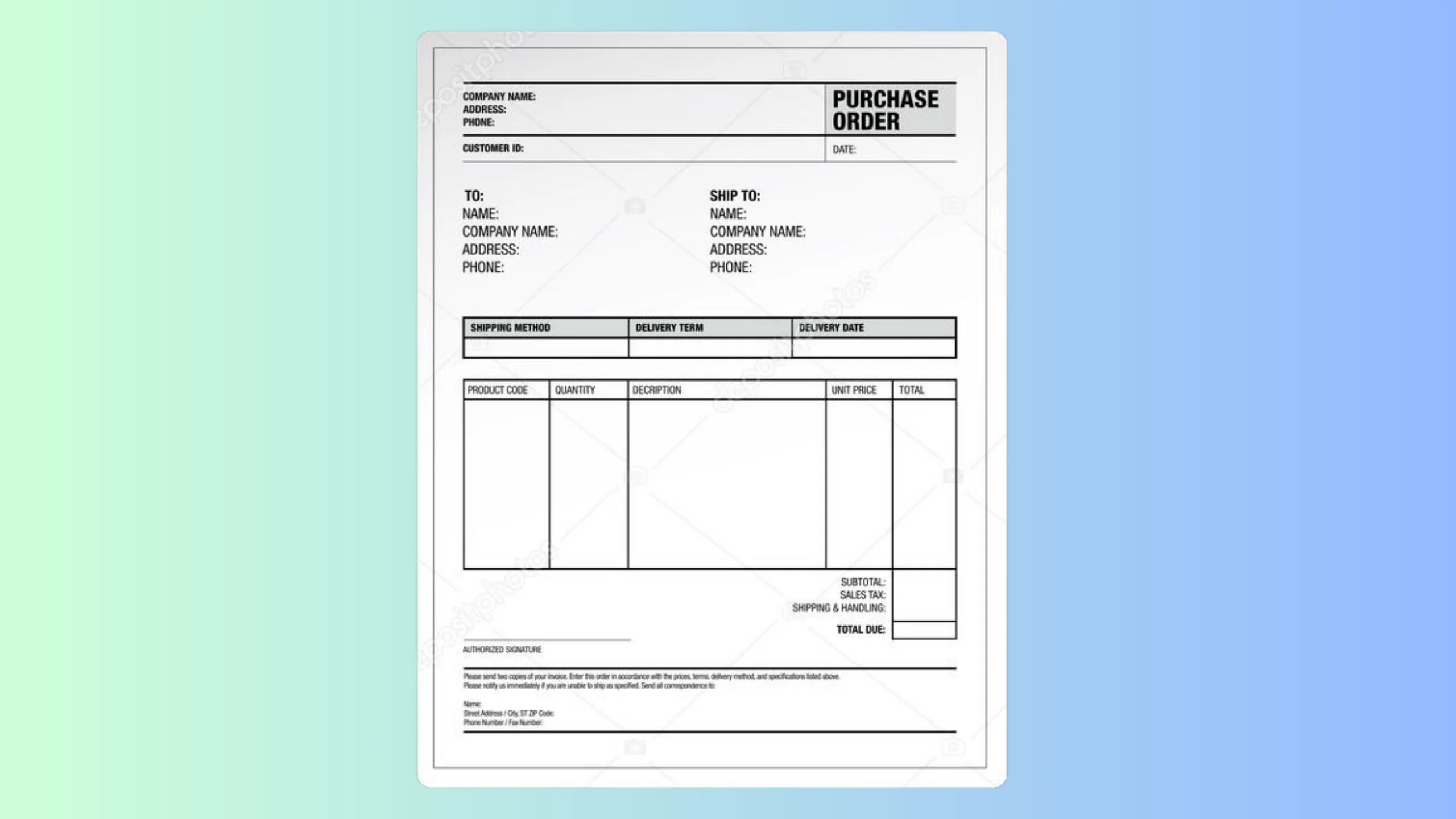 A purchase order template is a pre-designed document that outlines the details of a transaction between a buyer and a seller.