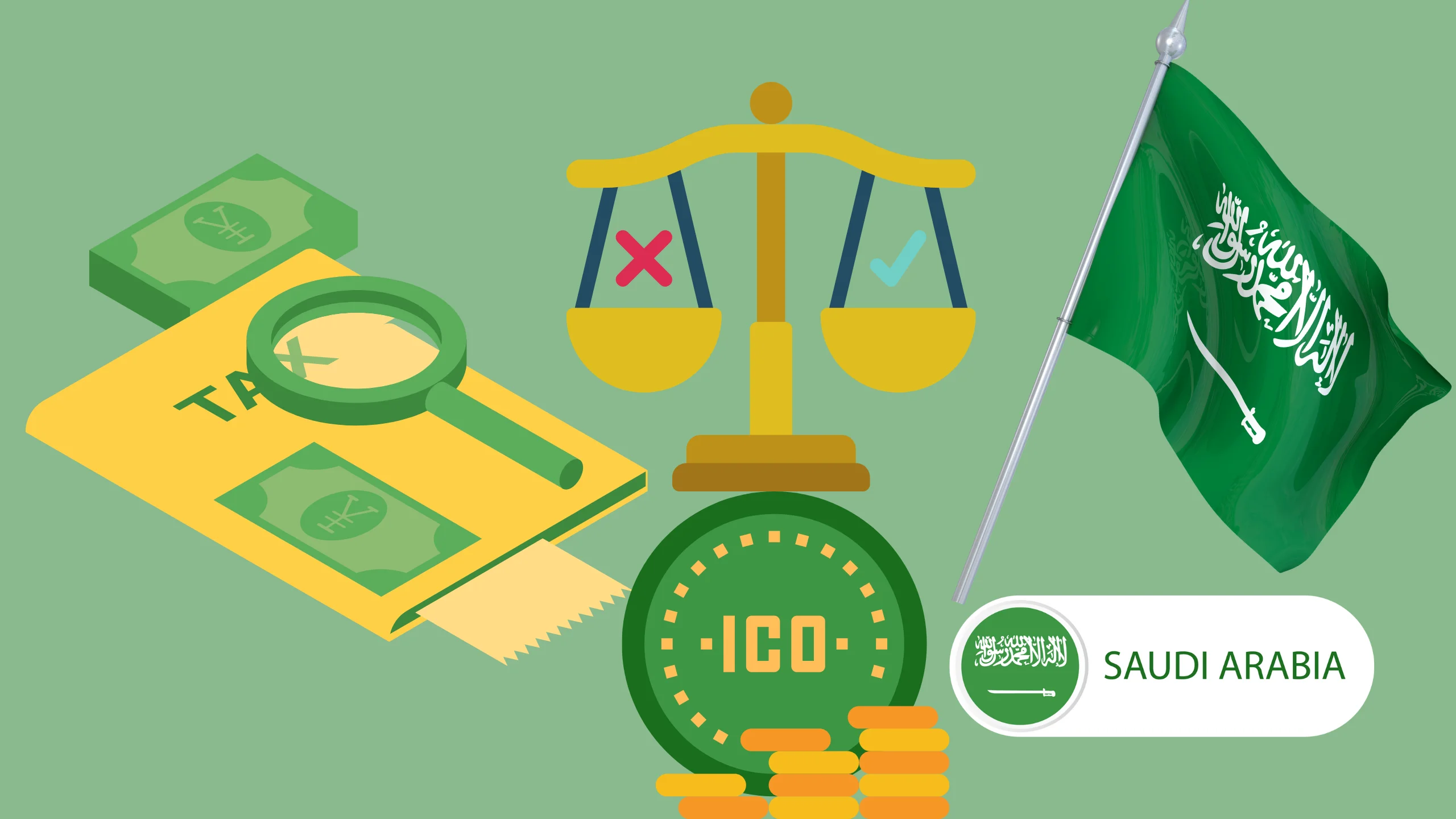 Illustration of tax considerations for ICOs in Saudi Arabia, including regulatory compliance, reporting obligations, and tax liabilities. Highlights key issues such as zakat, VAT, and guidelines from the Saudi tax authority for cryptocurrency transactions.