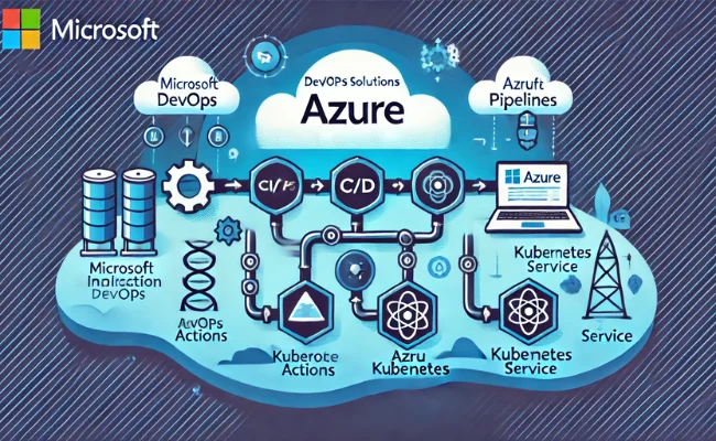 Image depicting DevOps solutions on Azure with continuous integration and delivery pipelines, collaboration tools, and automated deployments.