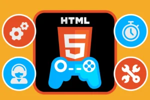 HTML5 game development featuring an interactive game scene with graphics and animations. This technique utilizes HTML5, JavaScript, and CSS for creating cross-platform games. HTML5 games offer rich, engaging experiences directly in web browsers.