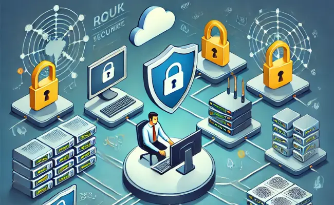 An illustration of a secure network with firewalls, encrypted data transfers, and interconnected devices monitored by an IT professional.