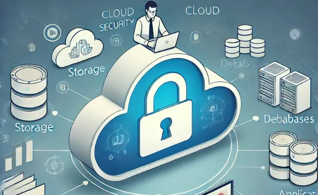 A depiction of a cloud with a lock symbol, representing secure cloud services monitored by an IT professional.