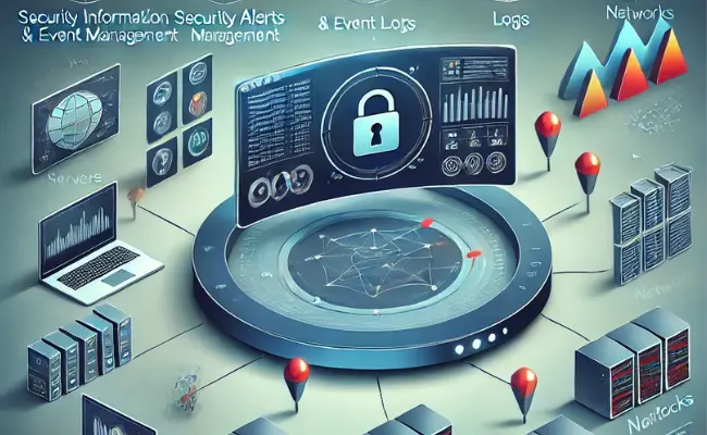 An illustration of a central dashboard displaying security alerts and analytics, with various devices feeding data into the SIEM system.