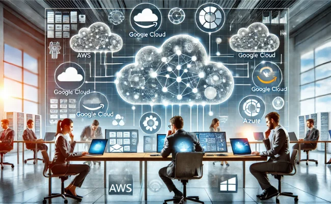 Sophisticated cloud services management scenario with interconnected cloud icons representing AWS, Google Cloud, and Azure, and professionals managing cloud deployments and data flows on large screens with real-time analytics.