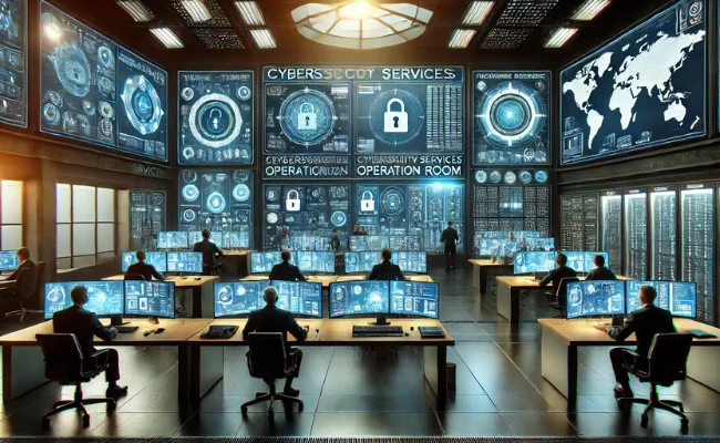 High-tech cybersecurity services operation room with multiple screens displaying real-time threat detection and monitoring systems. Cybersecurity professionals are analyzing data and responding to incidents in a secure environment.