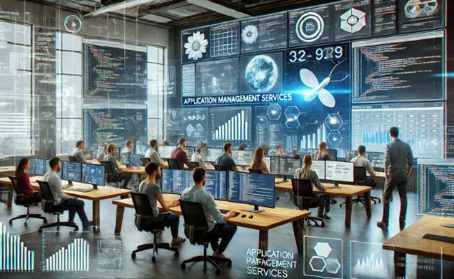 Dynamic application management services workspace with developers and IT specialists collaborating on screens showing code, application performance metrics, and deployment pipelines, filled with cutting-edge technology and modern workstations.