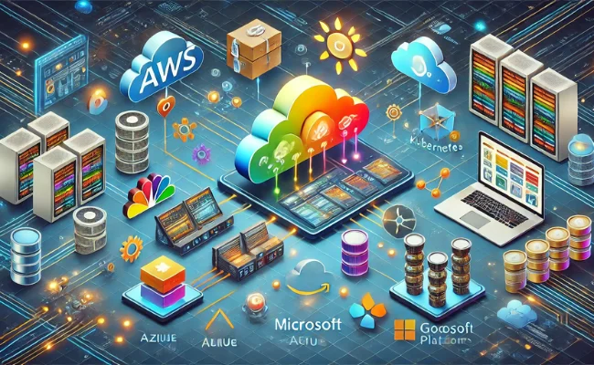 Illustration of cloud infrastructure management showing a network of servers, storage, and applications connected through cloud services with a cloud icon and arrows pointing to various devices and data centers.