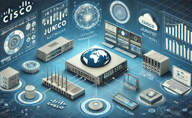 Illustration of network infrastructure management featuring interconnected routers, switches, and network devices with data flowing through various network paths and icons representing firewalls, load balancers, and monitoring tools.