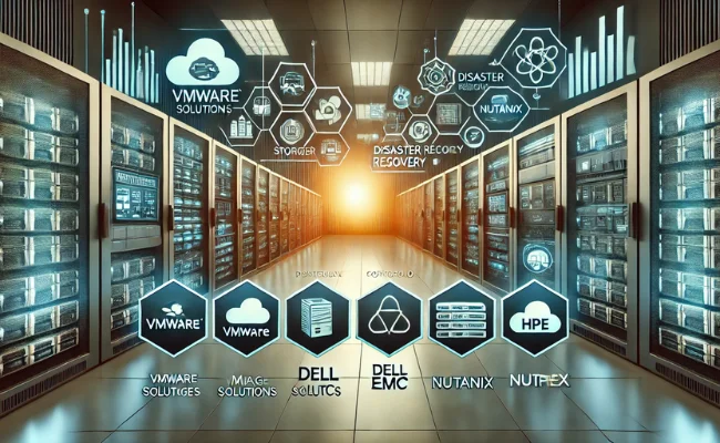 Illustration of data center management showing a large data center with rows of servers, cooling systems, and power management units, highlighting the layout of racks and the organization of hardware with technicians monitoring and maintaining the equipment.