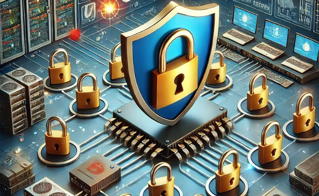 Illustration of IT infrastructure security management depicting various security measures such as firewalls, encryption, secure access points, and monitoring tools, with a secure network showing locked padlocks and shields to highlight data and system protection against cyber threats.