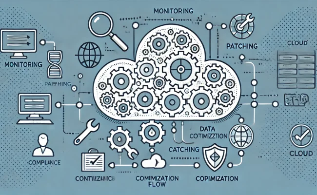 Graphic depicting Cloud Infrastructure Management with interconnected cloud servers and data nodes.