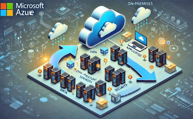 Illustration of cloud migration services showcasing data transfer between on-premises infrastructure and cloud platforms.