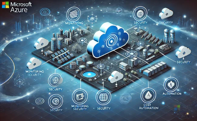 Graphic of managed Azure infrastructure featuring a dashboard with cloud resources, services, and management tools.