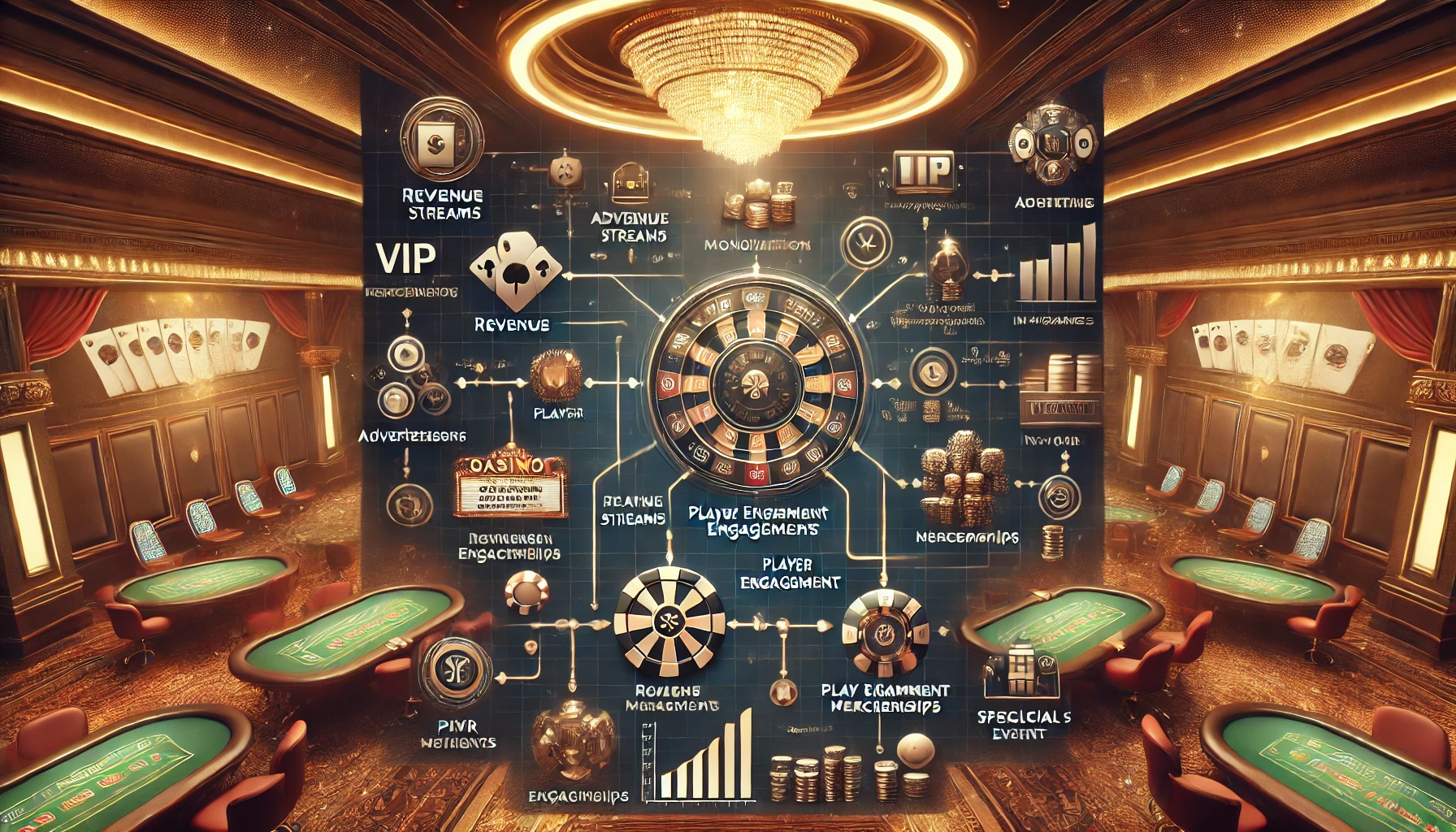 DALL·E 2024-07-11 17.27.59 - A casino game monetization strategy visual, featuring a sleek and modern design. The image includes a flowchart that illustrates key components such a