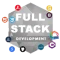 Full stack developer working on multiple screens with front-end and back-end code, illustrating web development frameworks and tools